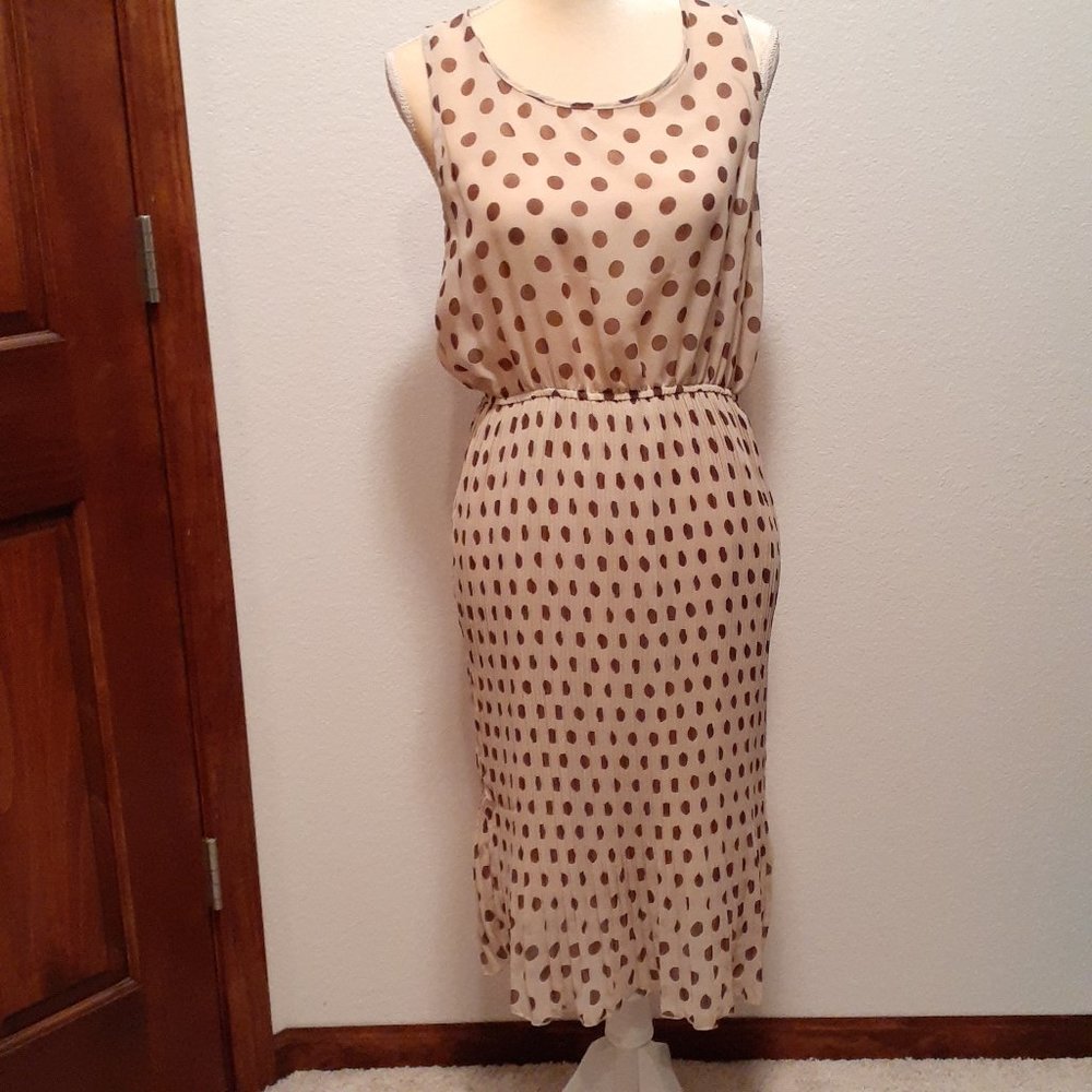 Marshall's MINE brand Polka Dot Cream and Brown Pleated Women's Dress LARGE
